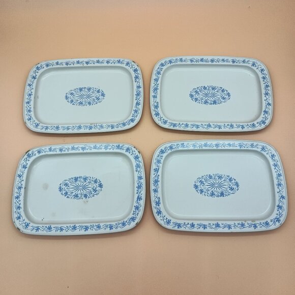 Vintage Metal Drink Trays Tip Trays White Blue Set of 4 Classical READ - Picture 1 of 2